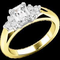 A classic Emerald Cut diamond ring with small Round shoulder stones in 18ct yellow & white gold