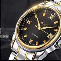 BOSCK Men's  Automatic Mechanical Hollow Dial Luminous Calendar Gold Steel Band Wrist Watch