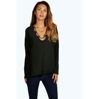 Deep V Caged Detail Blouse - black