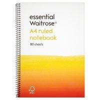 essential Waitrose A4 ruled notebook, pack of 80 sheets