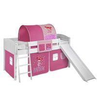 Idense White Wooden Ida Midsleeper - Princess - With slide, curtain and slats - Continental Single