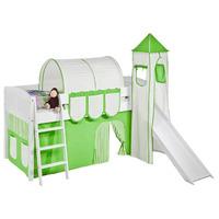 Idense White Wooden Ida Midsleeper - Green - With slide, tower, curtain and slats - Continental Single