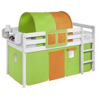 Idense White Wooden Jelle Midsleeper - Green and Orange - With curtain and slats - Continental Single