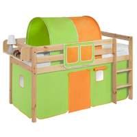 Idense Pine Wooden Jelle Midsleeper - Green and Orange - With curtain and slats - Continental Single