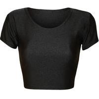 New Womens Wet Look PVC PU Short Stretch Cap Sleeve Vest Ladies Crop Top 8-14 - Black