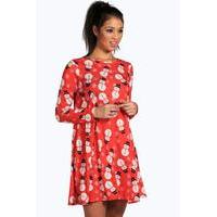 Printed Snowman Swing Christmas Dress - red