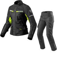 Rev It Outback 2 Ladies Motorcycle Jacket & Trousers Black Neon Yellow Kit