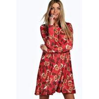 Reindeer Printed Swing Christmas Dress - red