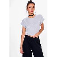 Roll Sleeve Crop Cotton T-Shirt - grey marl