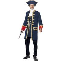 Smiffy's Adult Men's Pirate Commander Costume, Blue, With Coat, Cravat And Hat,