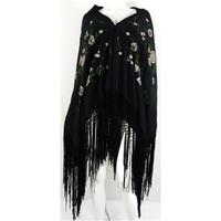 Vintage Oversized Black Oriental Embroided and Tasselled Shawl