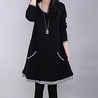 Women's Patchwork Black / Navy Blue Dress , Casual / Party / Plus Sizes Fleece Lining Loose Slim Long Sleeve Cotton