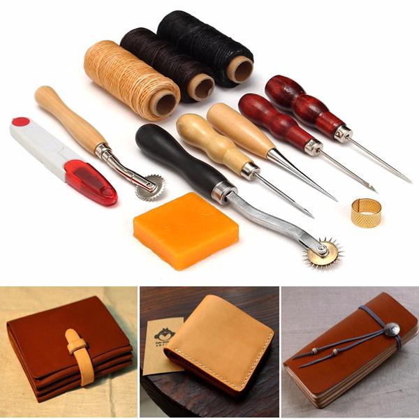 13pcs Wood Handle Leather Craft Tools Kit Leather Hand Sewing Tool Punch Cutter DIY Set