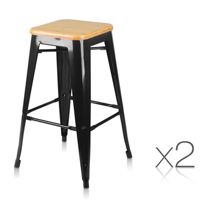 2 x Replica Tolix Xavier Bar Stools Industrial Steel w/ Bamboo Seat Black 66cm