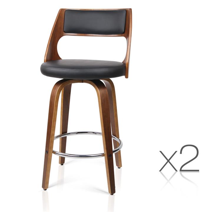 2 x Wooden Bar Stool with PU Leather Padded Swivel Seat Dining Kitchen Black 8569