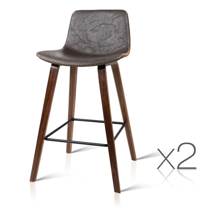 2 x Wooden Bar Stool with PU Leather Foam Padded Seat Dining Kitchen Walnut 8701