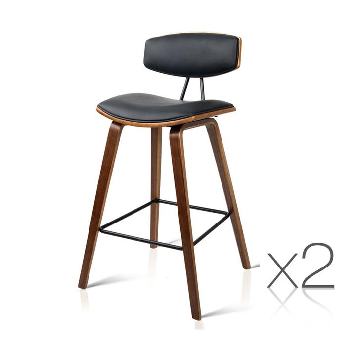 2 x Wooden Bar Stool with PU Leather Foam Padded Seat Dining Kitchen Black 8782