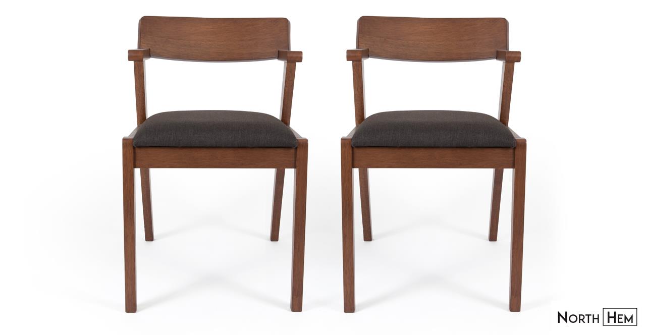 2 x Zola Wooden Dining Chairs with Padded Seat | Charcoal Black Fabric and Brown Stain