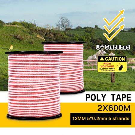 2 x 600M Roll Polytape Electric Stainless Steel UV Stabilized Fence Poly Tape Wire for Livestock