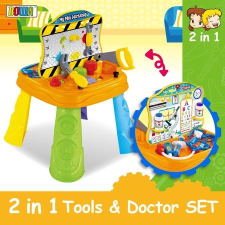 2-in-1 Kids Workshop Tool Doctor Kits Pretend Toy Table Play Set w/ Accessories