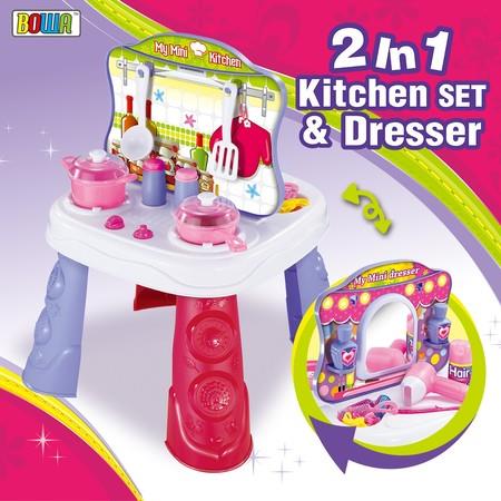 2-in-1 Kids Kitchen Vanity Dresser Pretend Toy Table Play Set w/ Accessories - Pink and Purple