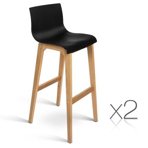 2x Oak Wood Bar Stools w/ High Seat Back Wooden Chair Kitchen Dining Black 3608