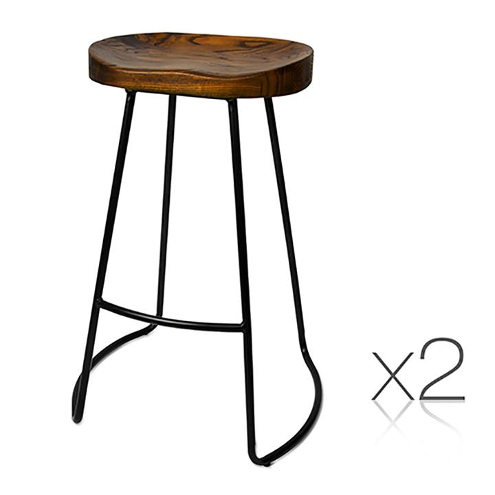 2x Bar Stools Retro Tractor Seat Design Industrial Wire Steel and Elm Wood Seat