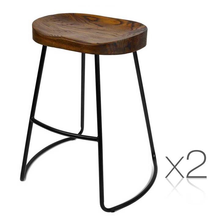 2x Bar Stools Retro Tractor Seat Design Industrial Wire Steel and Elm Wood Seat 65cm