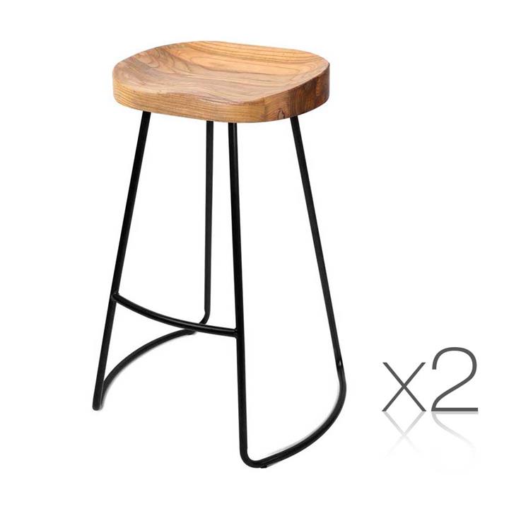 2x Bar Stools Retro Tractor Seat Design Industrial Wire Steel and Elm Wood Seat 75cm