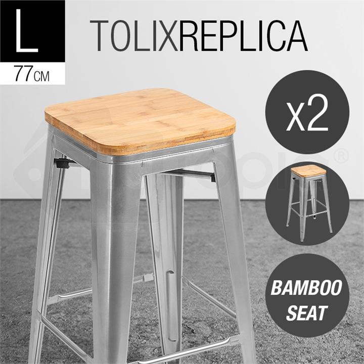 2x Silver 77cm Metal Bar Stool With Bamboo Seat- Replica Tolix