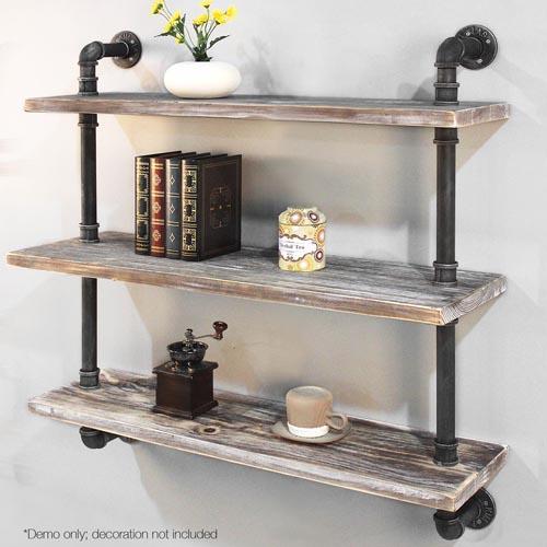 3 Level Rustic Bookshelf Industrial Pipe and Wood Shelf Vintage Look Wall Storage