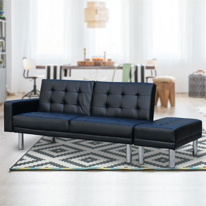 3 Seater Faux Leather Sofa Bed Couch Futon Suite with Ottoman - Black