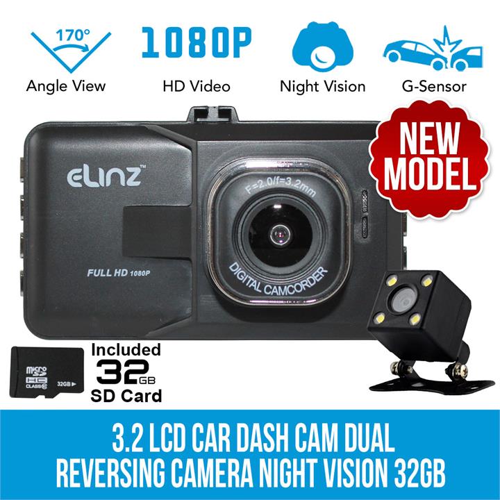 3.2 LCD Car Dash Cam Dual Reversing Camera Video Recorder 1080P HD Night Vision 32GB