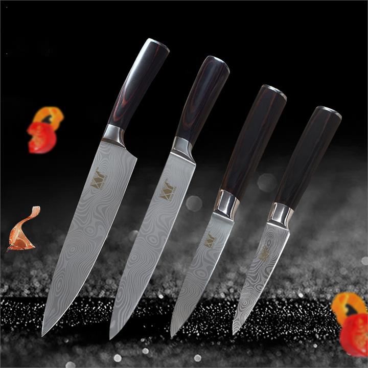 4Pcs XYj Kitchen 7Cr17 Utility Chef Slicing Stainless Steel Knife Set Paring Utility Chef Slicing Knife Color Wood Handle Cooking Knives Kitchenware