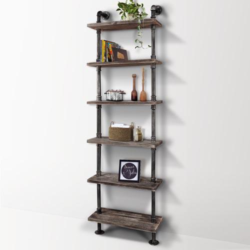 6 Level Rustic Bookshelf Industrial Pipe and Wood Shelf Vintage Look Wall Storage