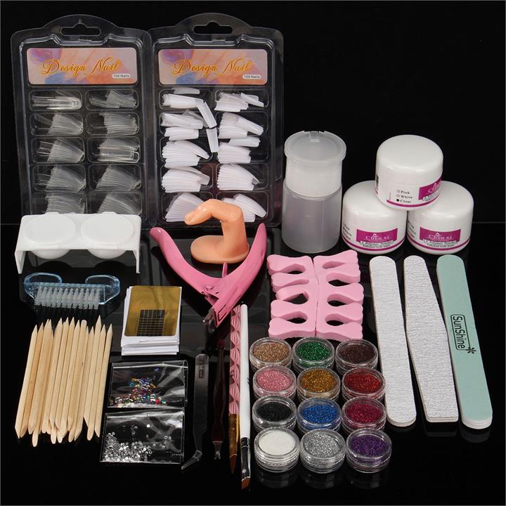 Acrylic Powder Nail Art Set Pink False Nail Art Cutter Liquid Pump Dispenser Sanding File