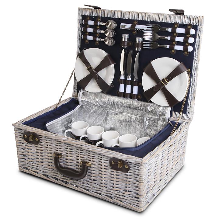 Alfreso Picnic Basket Hamper 6 Person Setting W/ Insulated Cooler Bag Blanket Navy