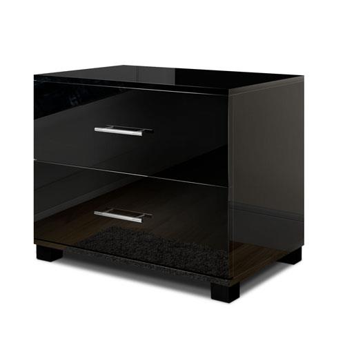 Bedside Table Bedroom Cabinet  High Gloss Chest w/ 2 Drawers Black