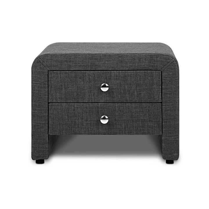 Bedside Table 2 Drawers MDF Frame Linen Fabric Exterior Grey