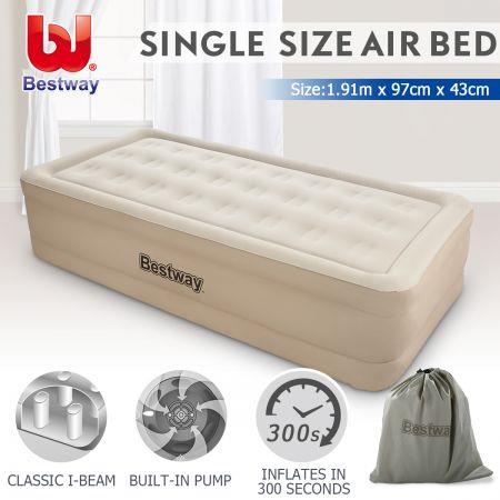 Bestway Single Air Bed 43cm Inflatable Blow Up Mattress w/Built-in Pump & Travel Bag