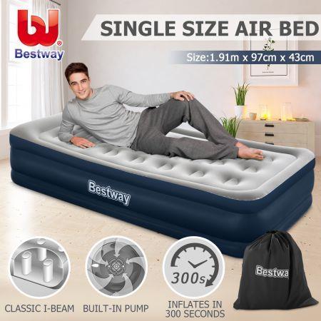 Bestway Single Flocked Air Bed 43cm Inflatable Blow Up Mattress w/Built-in Pillow & Pump