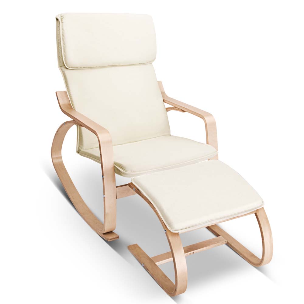 Birch Plywood Fabric Lounge Rocking Chair with Foot Stool (Beige)