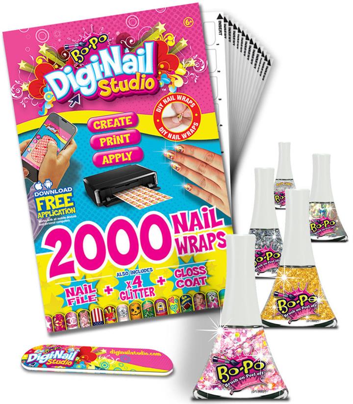 Bo-Po Digi-Nail Polish Studio Party Pack includes 2,000 Nail Wraps, 4x Glitter and 1x Clear Top Coat