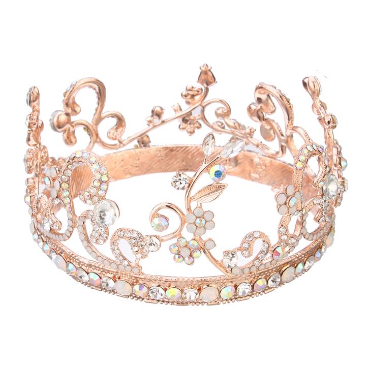 Bride Rose Gold Flower Leaf Crystal Diamond Wedding Bridal Crown Rhinestone Opal Pageant Tiara