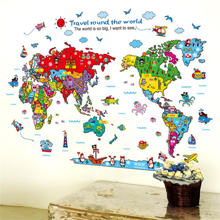 Cartoon Animals World Map Wall Stickers for Kids Room Decorations Safari Mural Art Zoo Children Home Decals