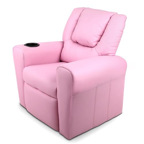 Childs Recliner Chair Luxury PU Leather Padding w/ Drink Holder Pink