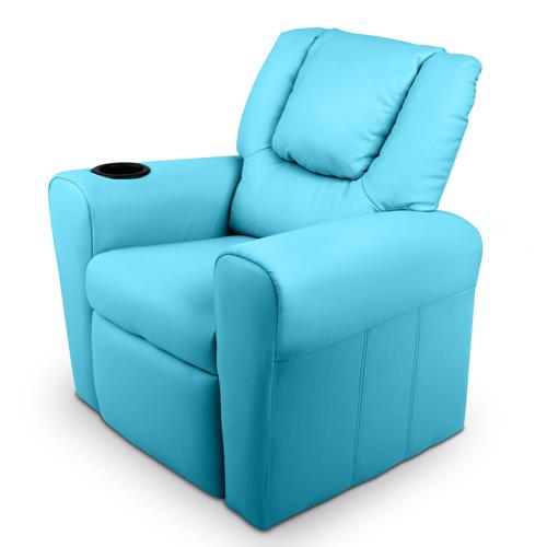 Childs Recliner Chair Luxury PU Leather Padding w/ Drink Holder Blue