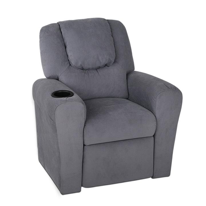 Childs Recliner Chair Luxury Linen Padding w/ Drink Holder Grey