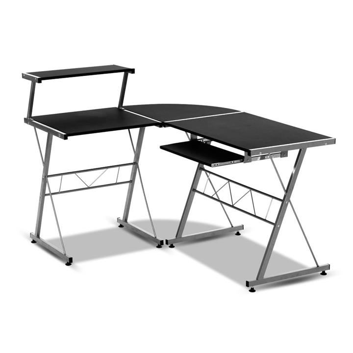 Corner Computer Desk Office Table Pull-Out Keyboard Tray Shelf Black