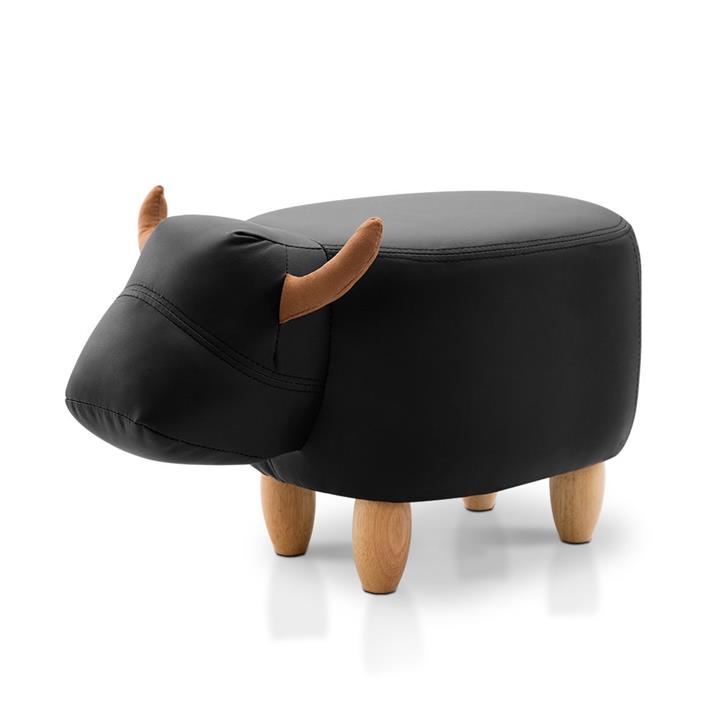 Cow Stool Childs Seat Wooden Pouffe Leather Footrest Padded in Black